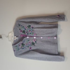 Vtg TALBOTS Gray Viscose Cotton Angora Floral Embroidered Button Front Cardigan